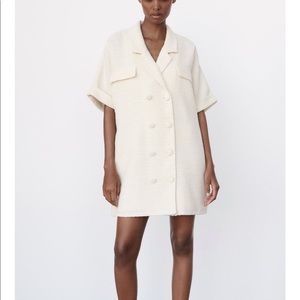 New Zara M ecru tweed textured weave shirt dress runway luxury brand style